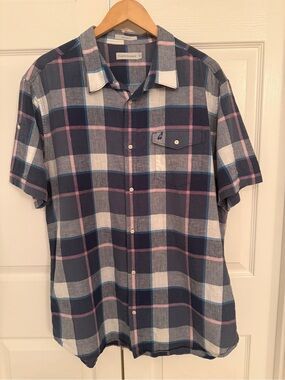 Peak Performance Navy, White & Red Plaid Short Sleeve Button-Down